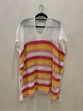 White Crochet Beach Cover-Up or tunic top with Pink and Yellow Stripes. NWOT